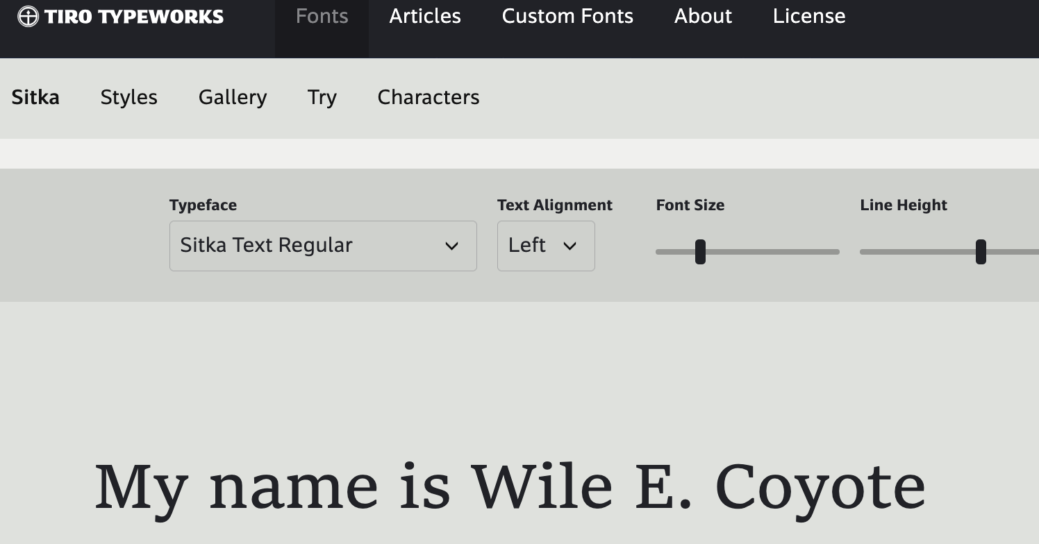 tiro typeworks testing area uses low brightness background