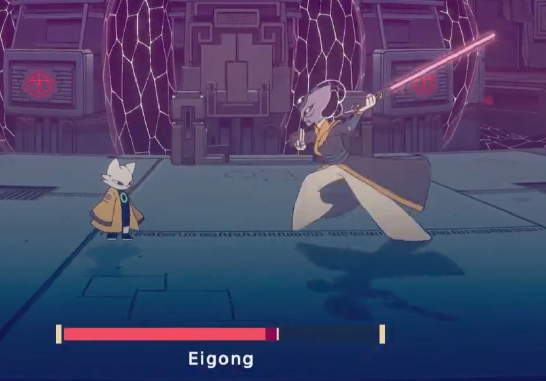 Zoomed still from Nine Sols. Staying still until you parry;